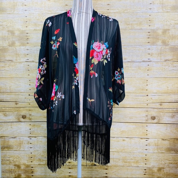 Xhilaration Tops - Xhilaration Kimono Sheer Black Floral Fringe XS